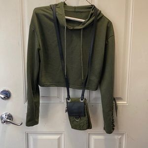 Olive green hooded crop length long sleeve shirt PLUS small crossbody bag